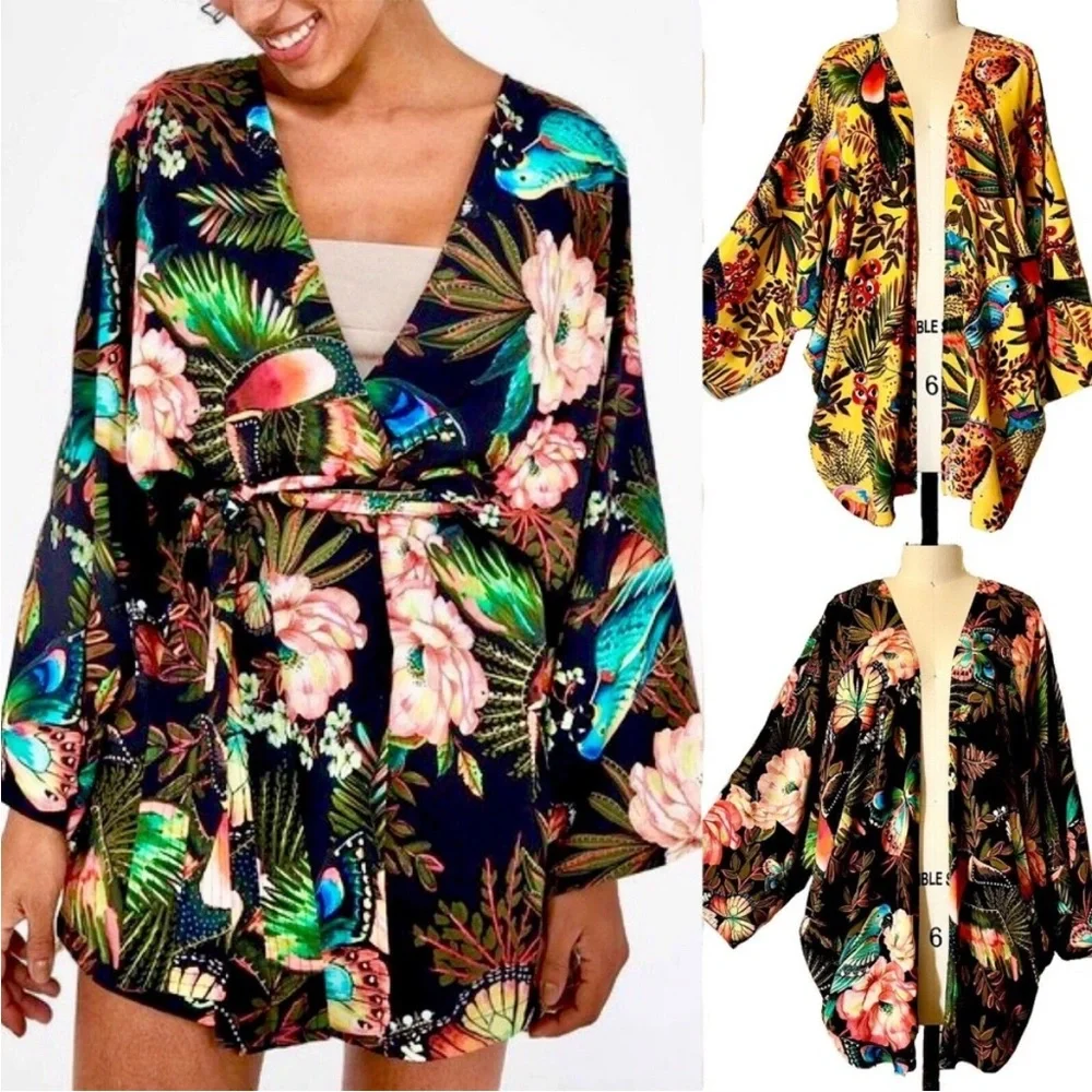 Farm Rio Floral Garden Reversible Open Front Kimono Animal Print Boho Topper - Picture 1 of 16